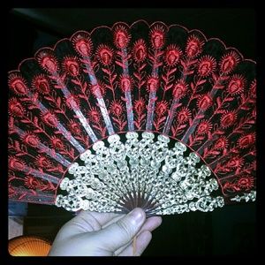 Vintage Red and Burgundy Lace Hand Fan